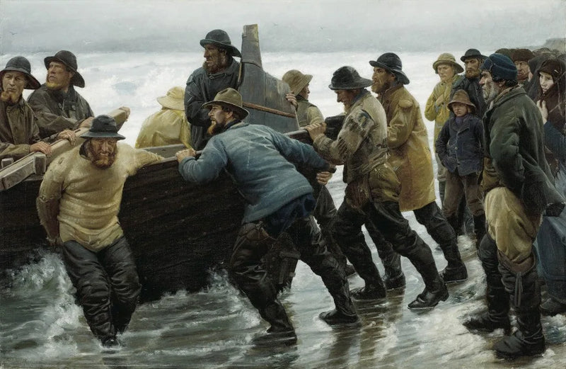 Des pêcheurs mettent à l'eau une barque à rames - Michael Peter Ancher