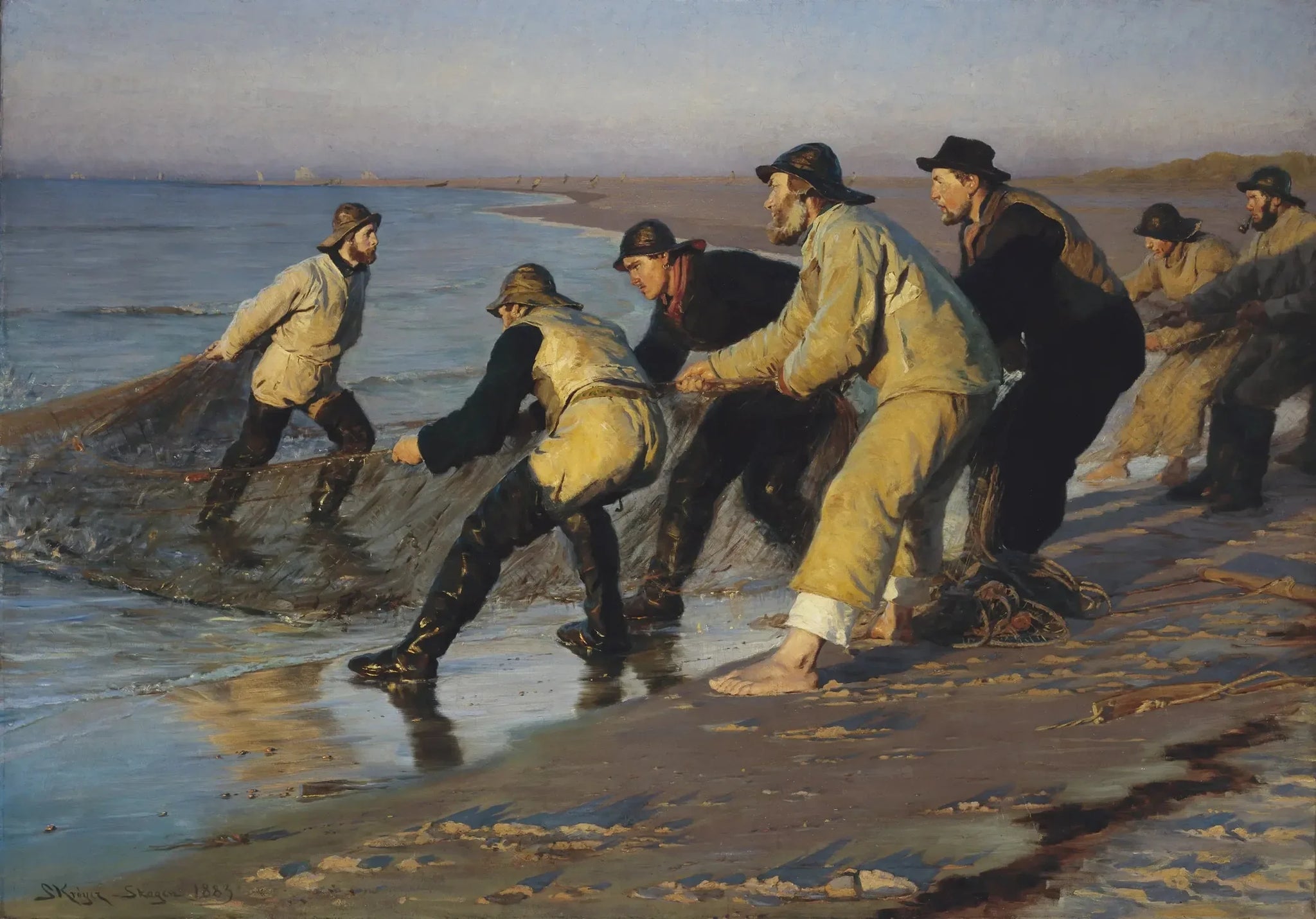 Des pêcheurs remontent leurs filets à la plage nord de Skagen. Fin d'après-midi. - Peder Severin Krøyer image 1 copie peinte à la main à l’huile