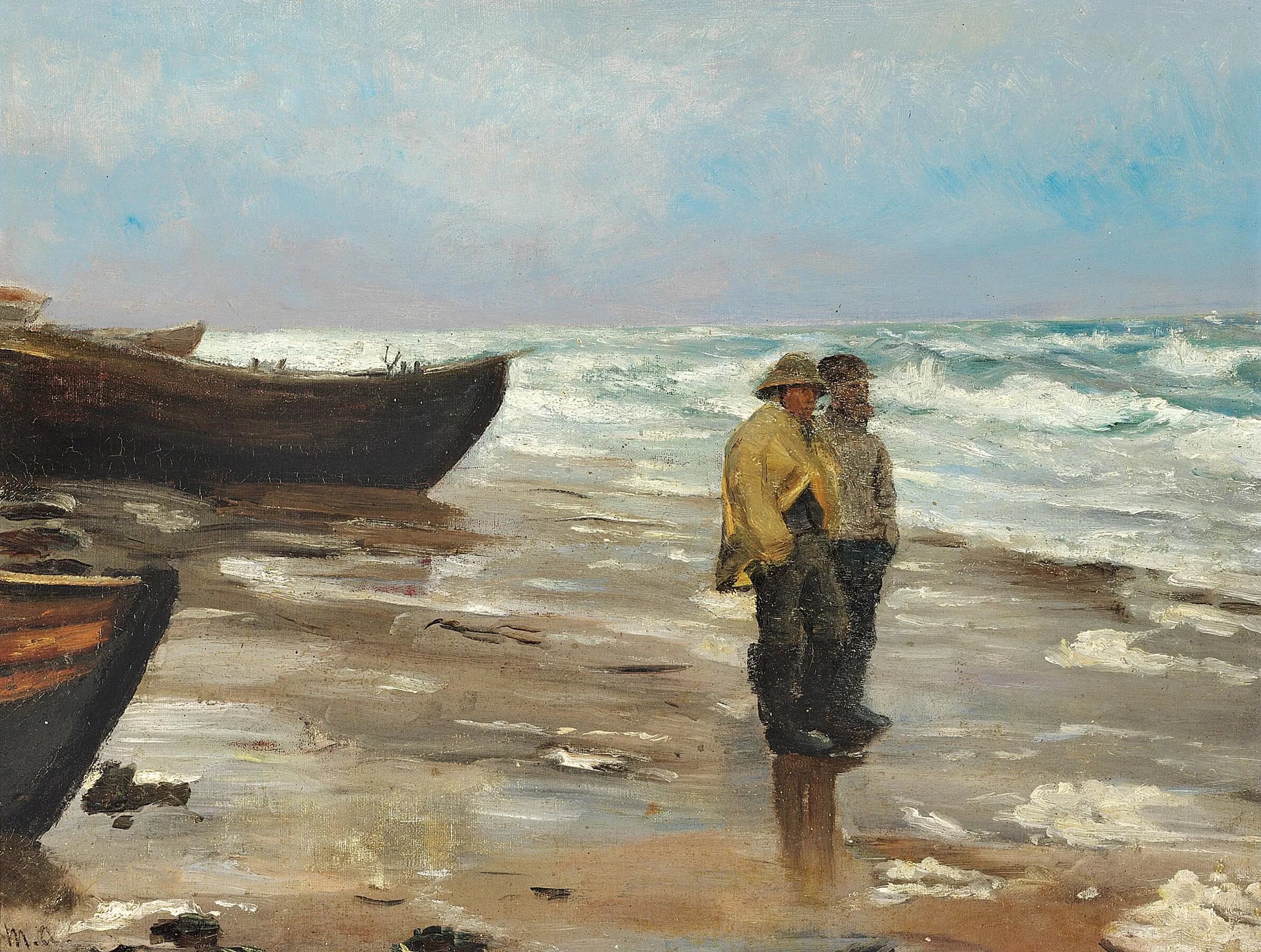 Des pêcheurs sur une plage avec leurs bateaux. - Michael Peter Ancher image 1 tableau peint à l’huile sur toile