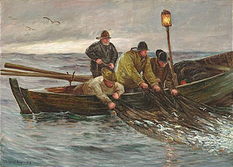 Des pêcheurs traînent les filets depuis leur barque. - Michael Peter Ancher image 1 reproduction artisanale de tableau