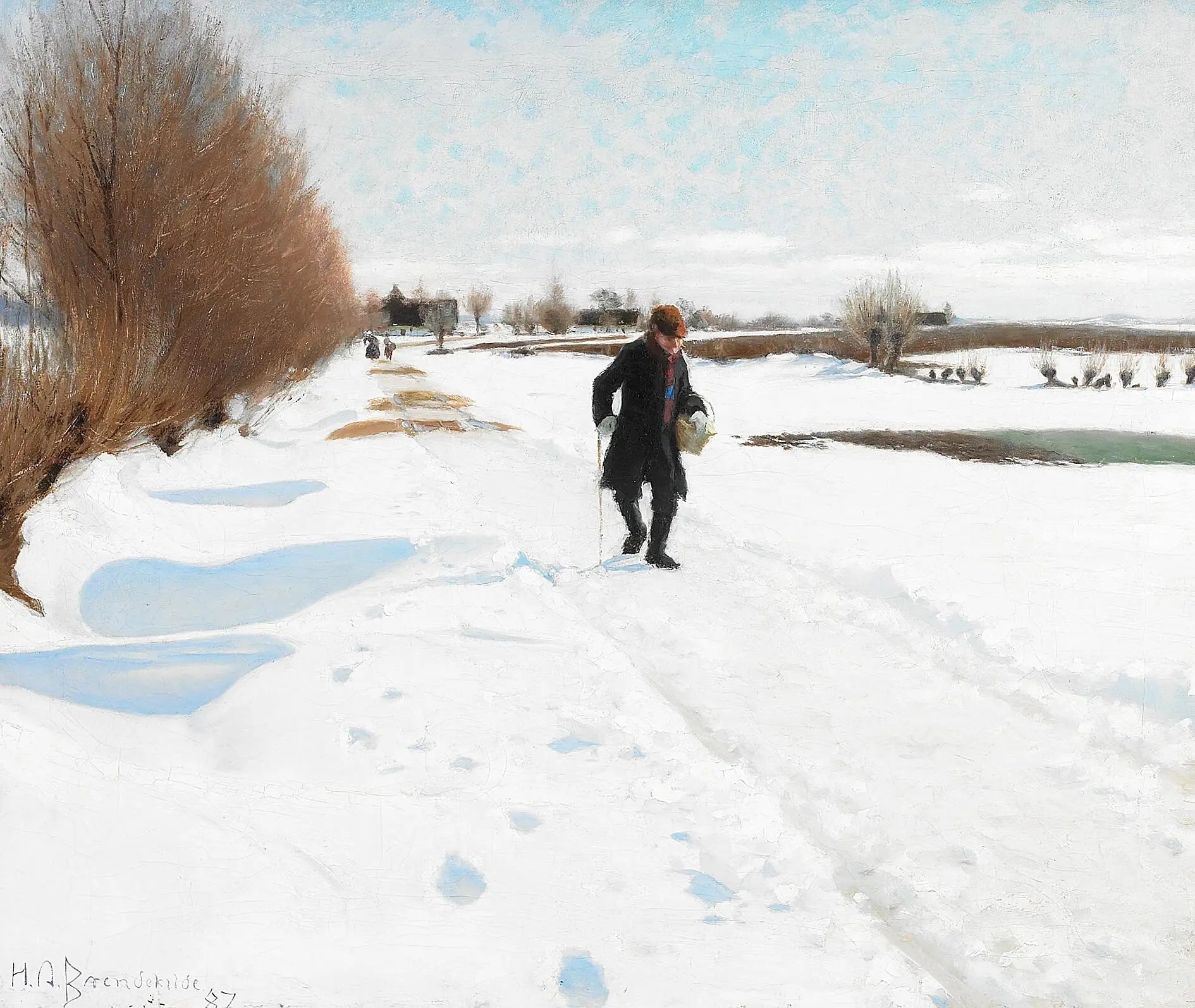 Des personnes marchant sur une route enneigée. - H. A. Brendekilde image 1 copie de tableau peinte à la main