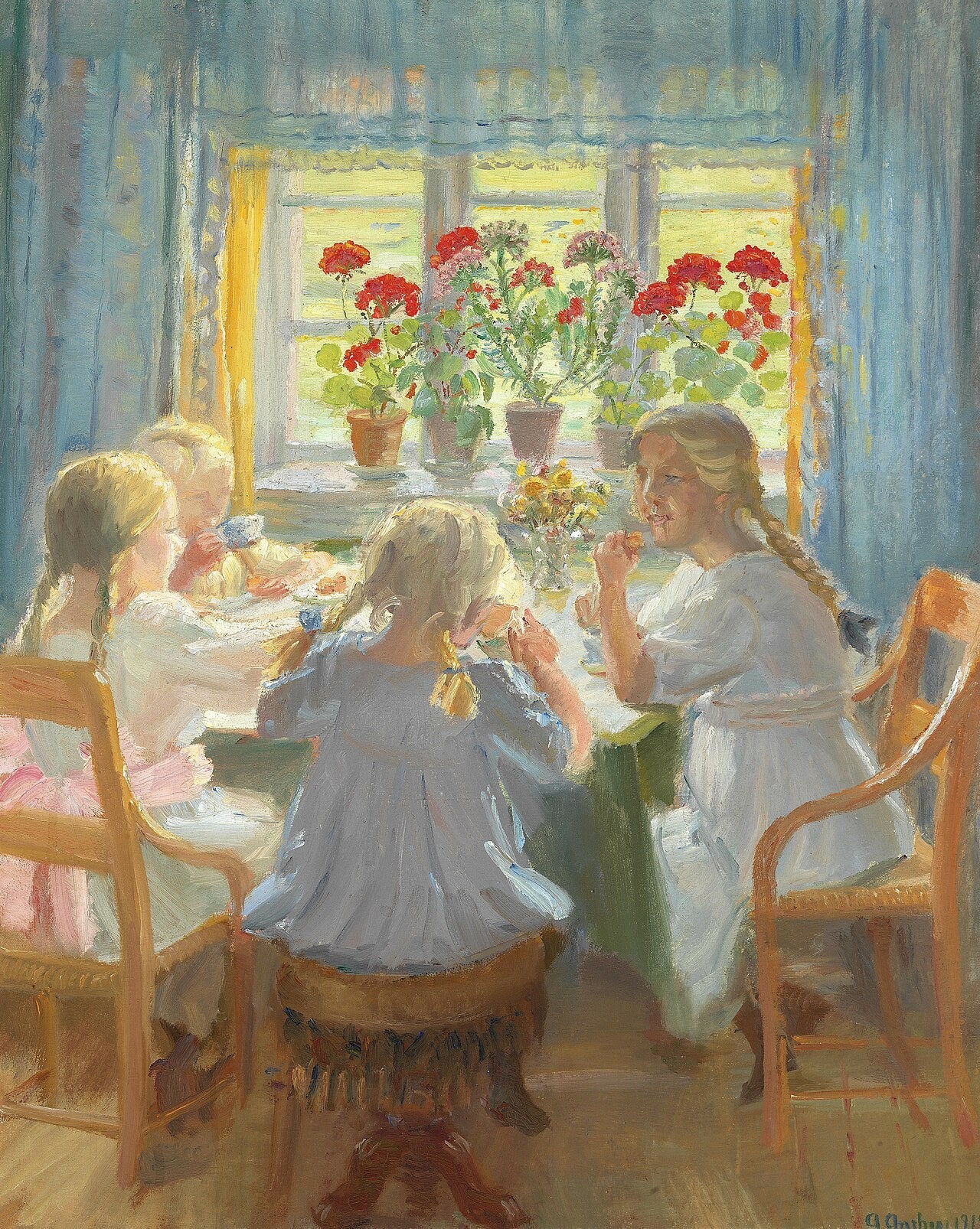 Des petites filles prennent le thé à Nordstuen dans la maison d'Anchers sur Markvej, Skagen. - Anna Ancher image 1 reproduction d’œuvre d’art à l’huile