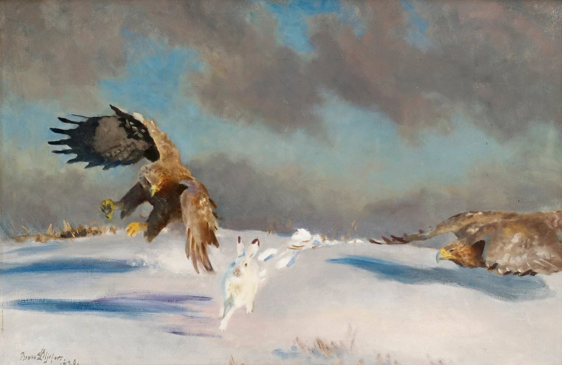 Des pygargues à queue blanche attaquent des lièvres d'hiver - Bruno Liljefors image 1 copie peinte à la main à l’huile