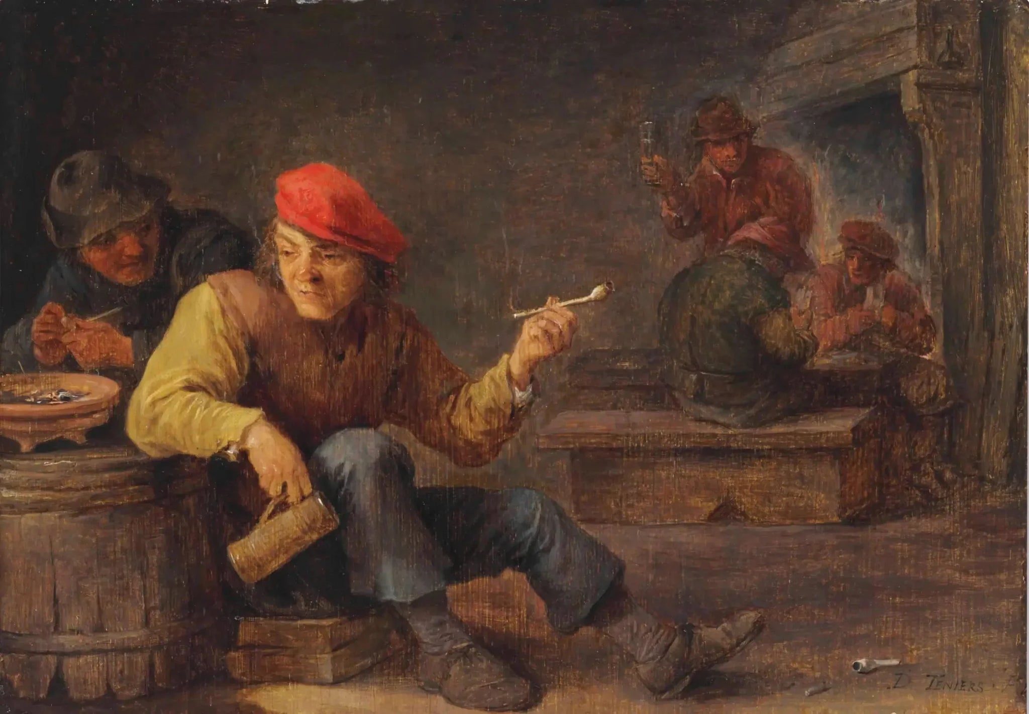 Des rustres boivent et fument dans une auberge - David Teniers le Jeune image 1 copie peinte à la main à l’huile