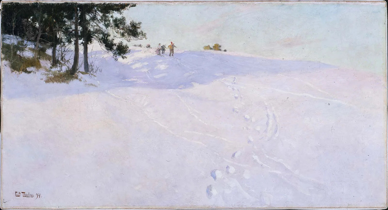 Des skieurs au sommet d'une colline enneigée - Frits Thaulow image 1 reproduction de peinture à l’huile