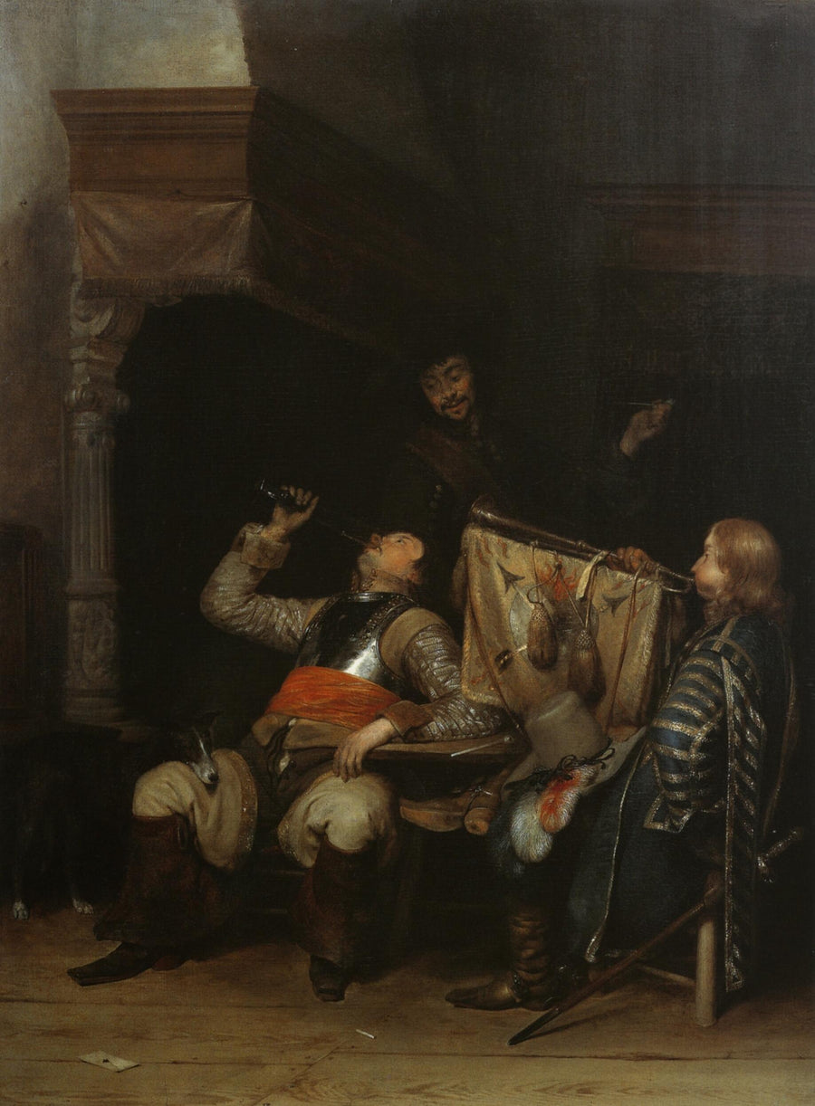 Des soldats boivent, fument et jouent de la musique à l'intérieur - Gerard ter Borch