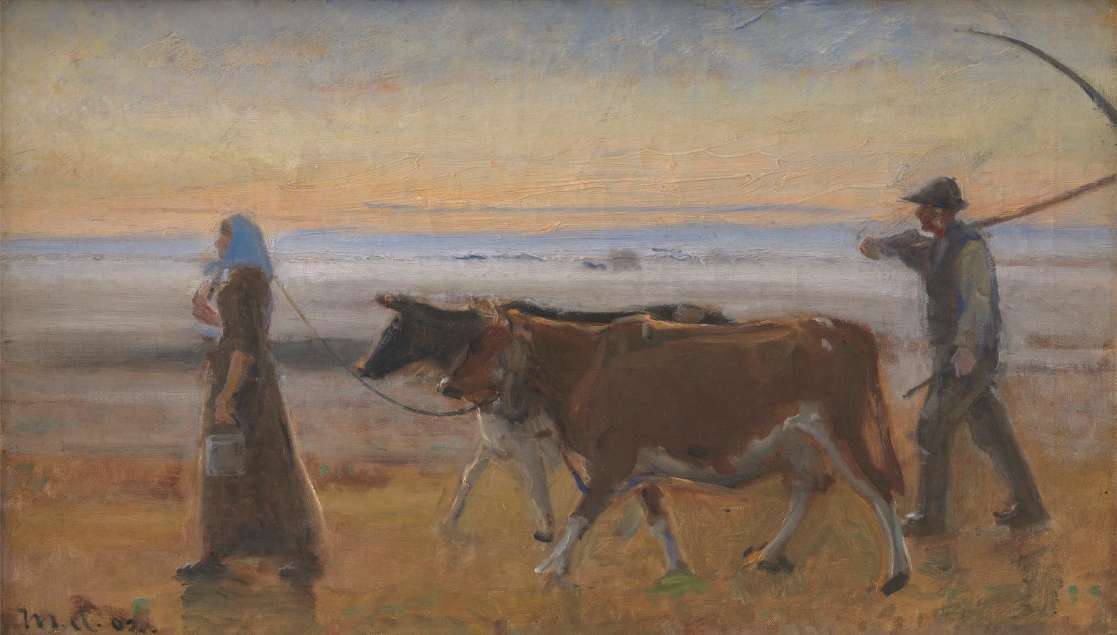 Des vaches sont conduites à travers la lande - Michael Peter Ancher image 1 reproduction d’œuvre d’art à l’huile