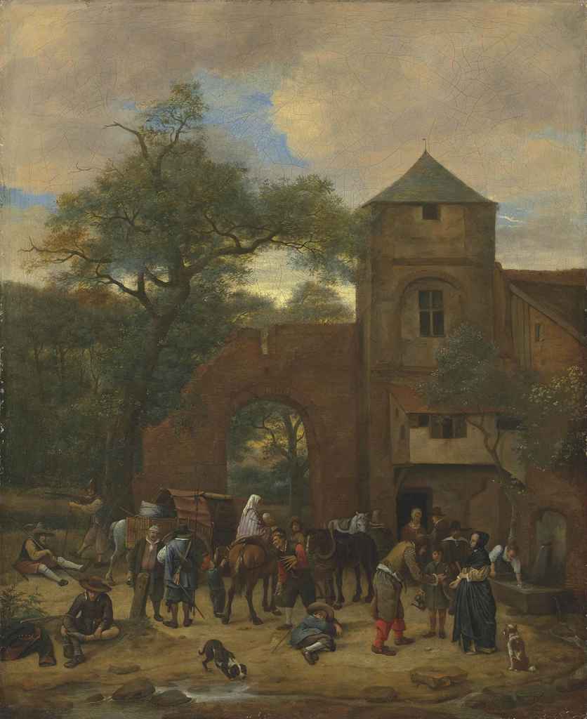 Des voyageurs s'arrêtent devant une auberge - Jan Steen image 1 reproduction artisanale de tableau