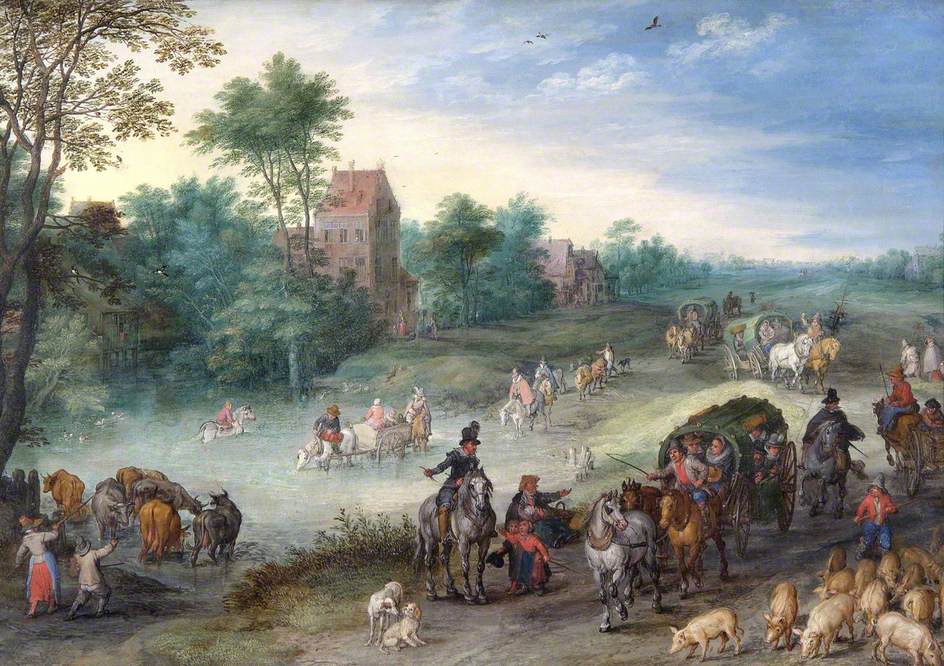 Des voyageurs sur une route de campagne, avec des vaches et des porcs - Jan Brueghel l'Ancien image 1 reproduction de peinture à l’huile