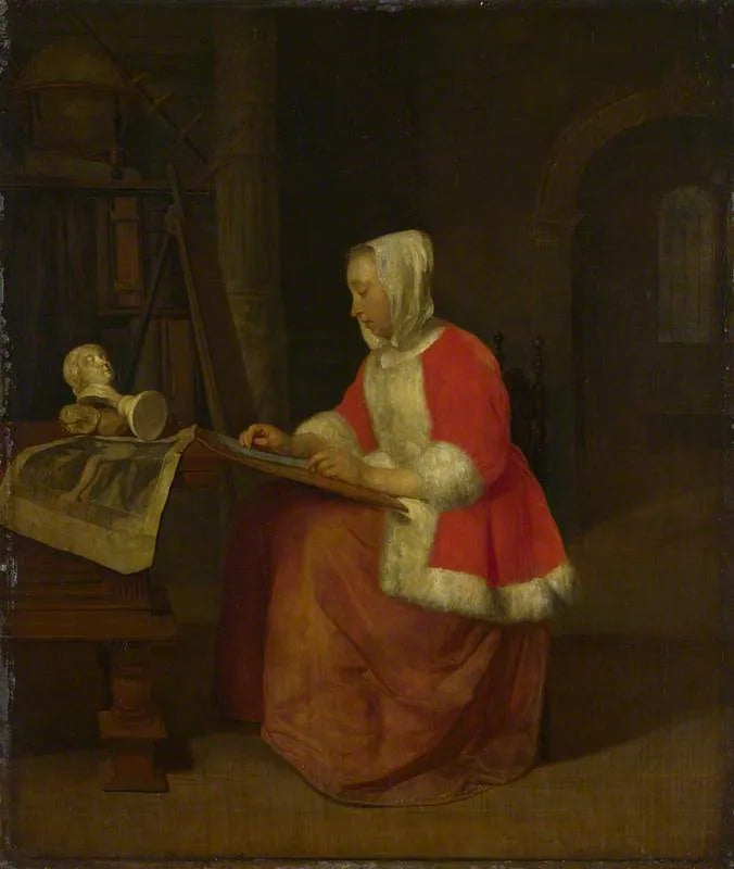 Dessin d'une jeune femme assise - Gabriel Metsu image 1 reproduction de peinture à l’huile
