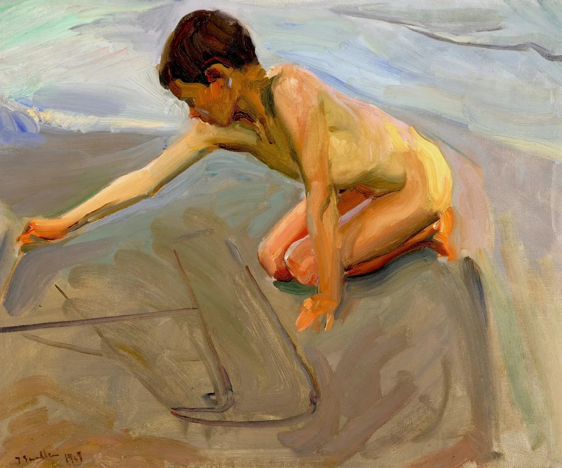Dessiner dans le sable - Joaquín Sorolla image 1 reproduction de peinture à l’huile