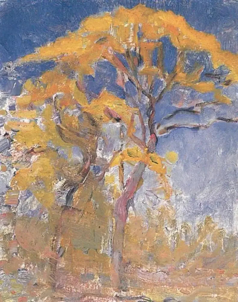 Deux arbres au feuillage orange contre le ciel bleu - Piet Mondrian image 1 reproduction réalisée par Alpha Reproduction