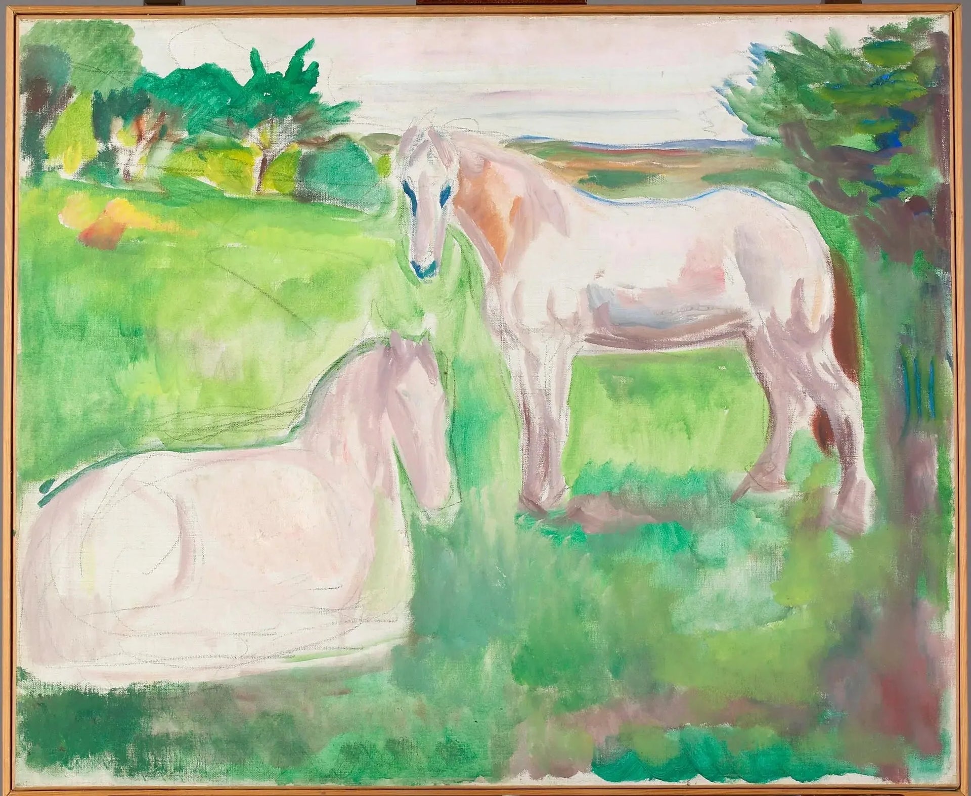 Deux chevaux blancs dans une prairie verte - Edvard Munch image 1 reproduction artisanale de tableau