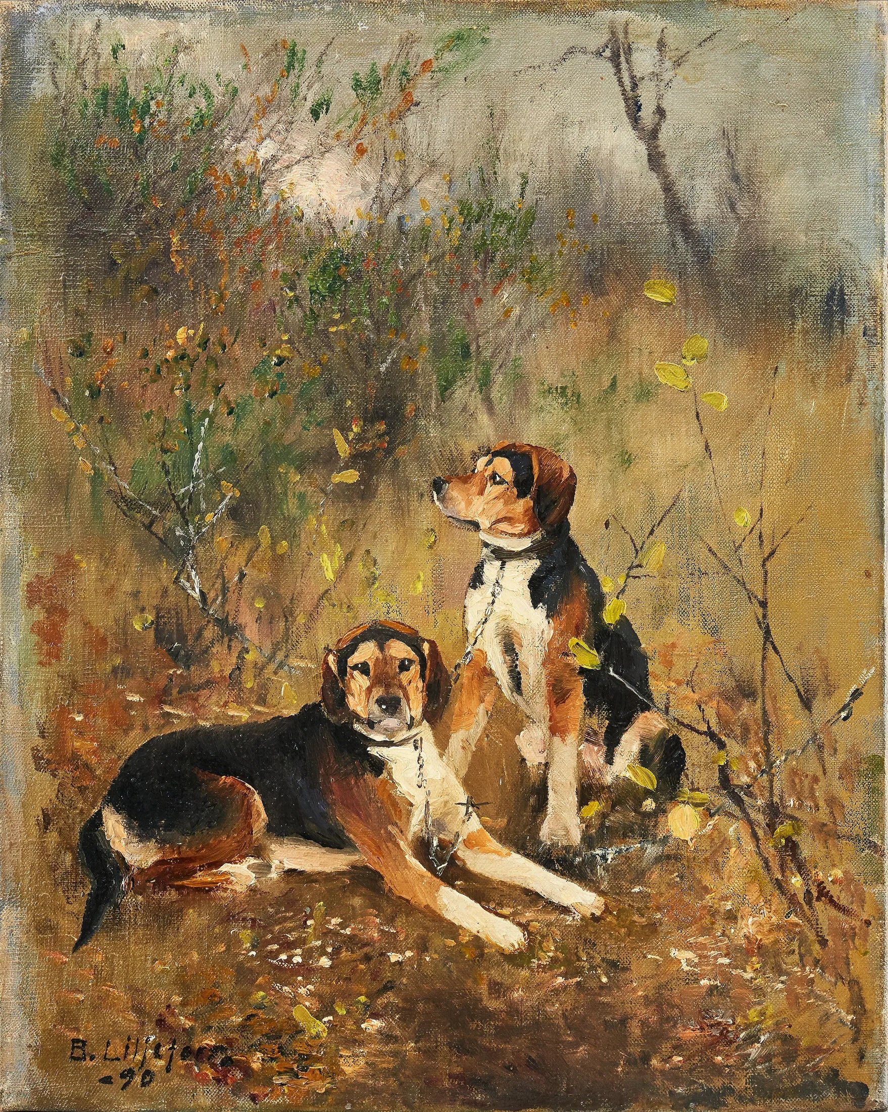 Deux chiens de chasse à l'odeur - Bruno Liljefors image 1 copie de tableau peinte à la main