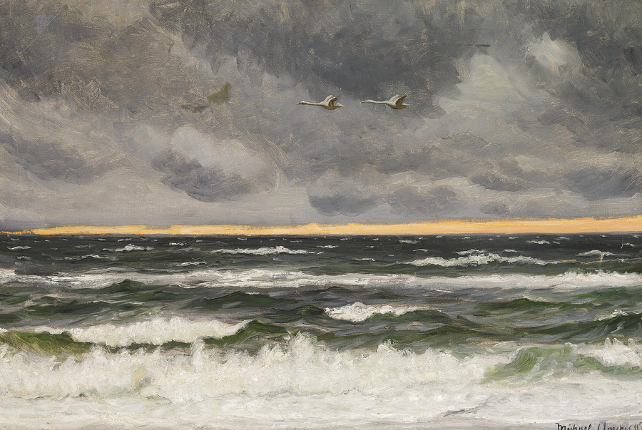 Deux cygnes survolant la mer du Nord au coucher du soleil. - Michael Peter Ancher