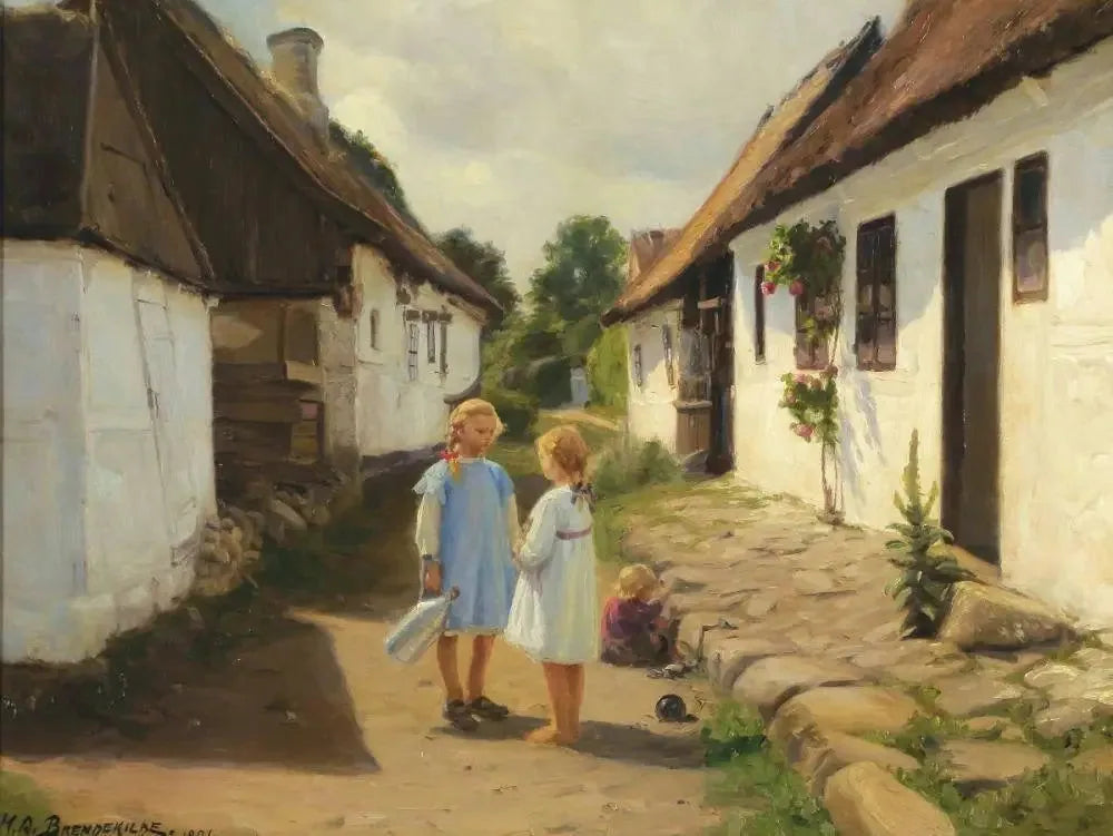 Deux enfants dans la rue d'un village - H. A. Brendekilde image 1 copie peinte à la main à l’huile