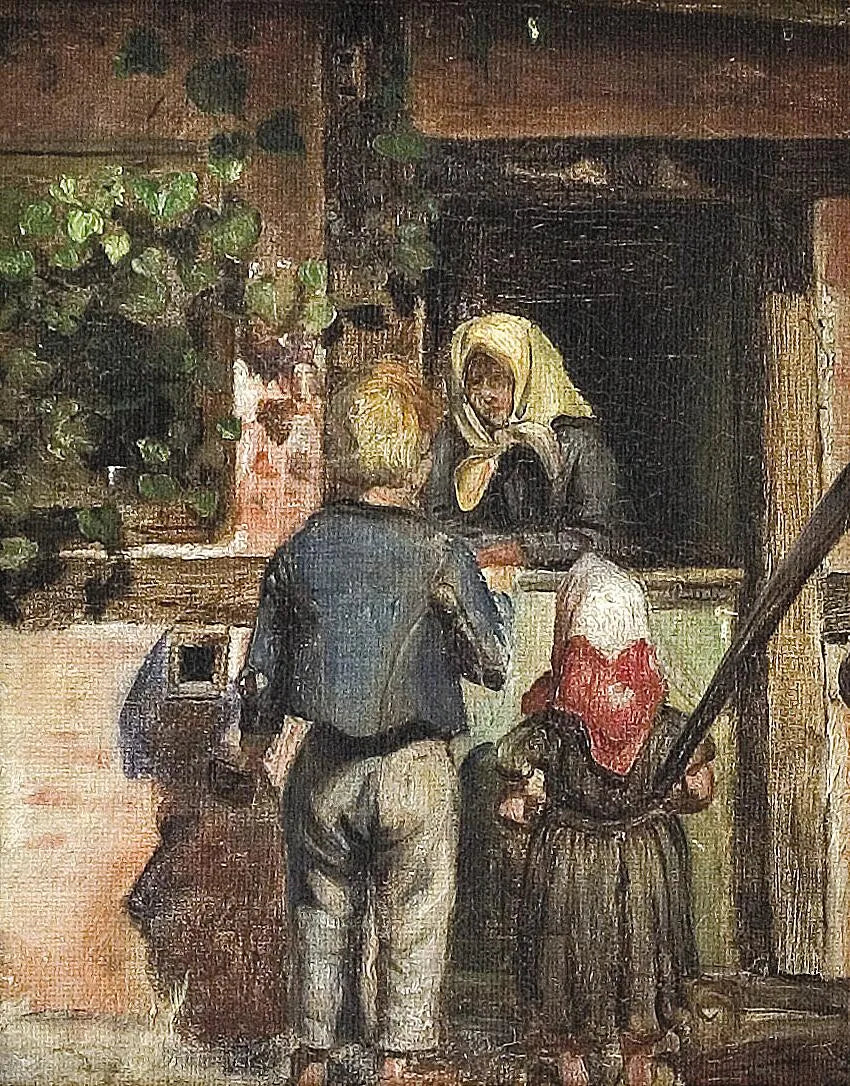 Deux enfants et une vieille femme se tiennent devant une porte. - Anna Ancher
