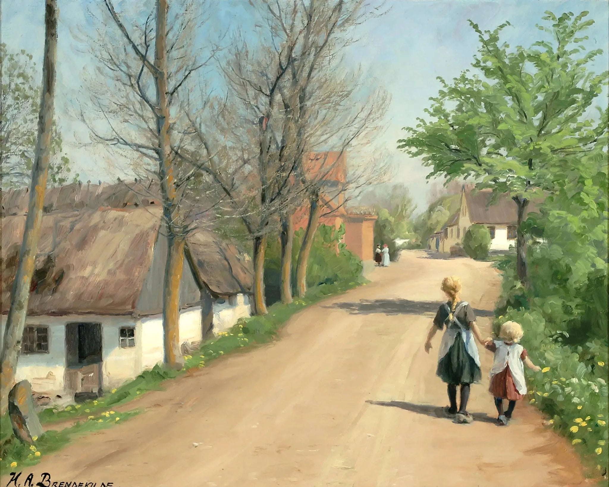 Deux enfants marchant main dans la main sur une route de village. - H. A. Brendekilde image 1 copie peinte à la main à l’huile
