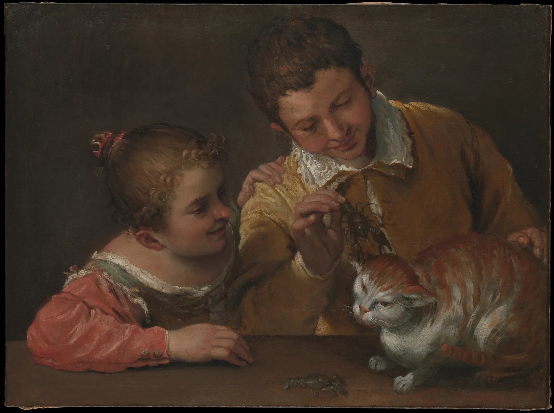Deux enfants tourmentant un chat - Annibale Carracci image 1 copie peinte à la main à l’huile