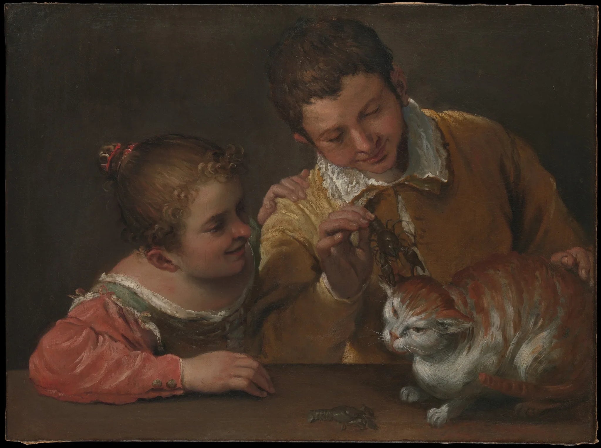Deux enfants tourmentant un chat - Annibale Carracci image 1 copie peinte à la main à l’huile
