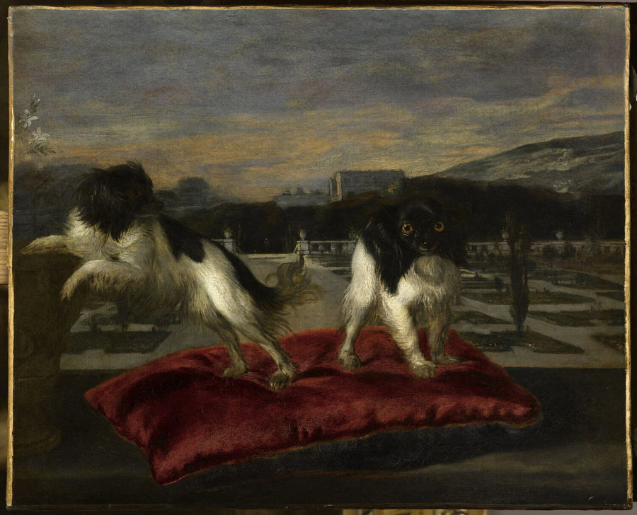 Deux épagneuls nains sur la terrasse d'un jardin italianisant - Nicasius Bernaerts