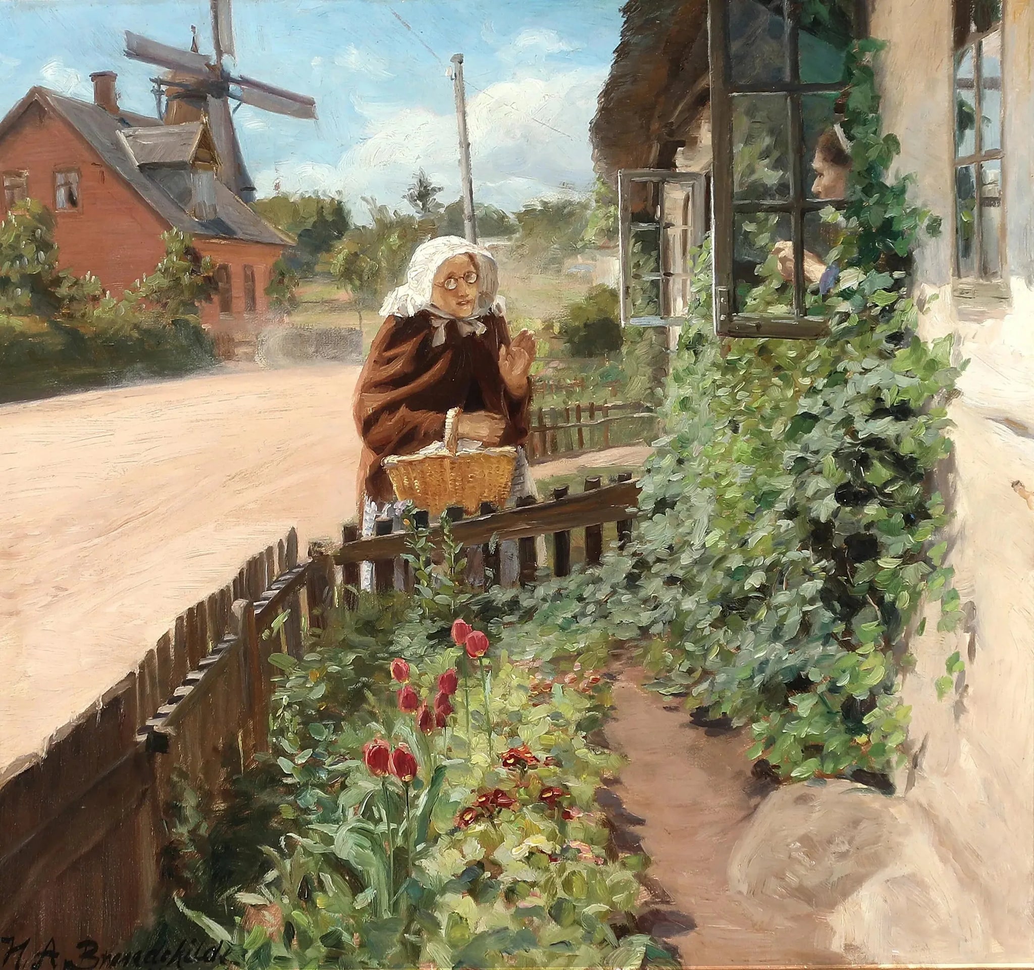 Deux femmes discutent à travers une fenêtre. - H. A. Brendekilde image 1 reproduction artisanale de tableau