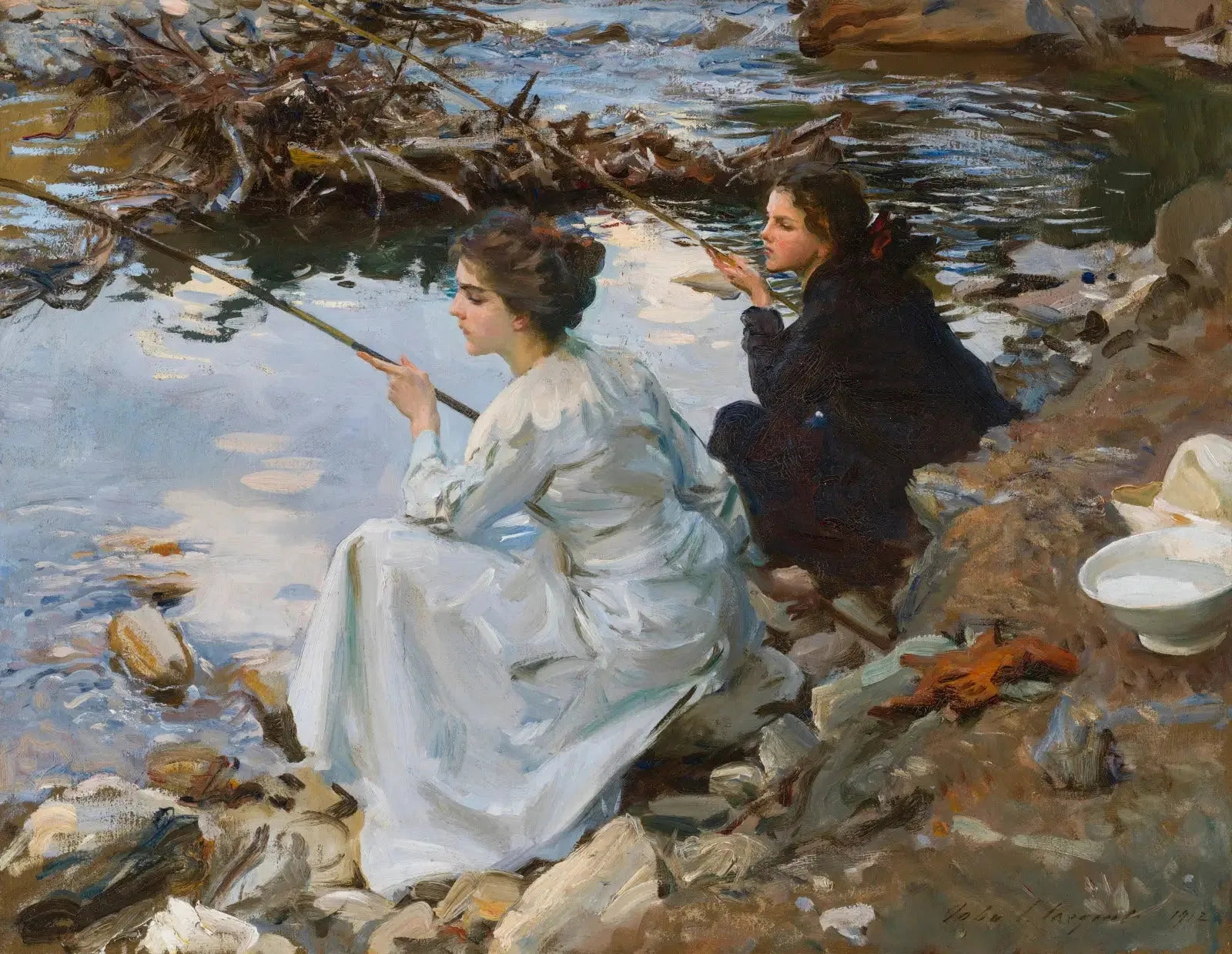 Deux filles à la pêche - John Singer Sargent image 1 reproduction de peinture à l’huile