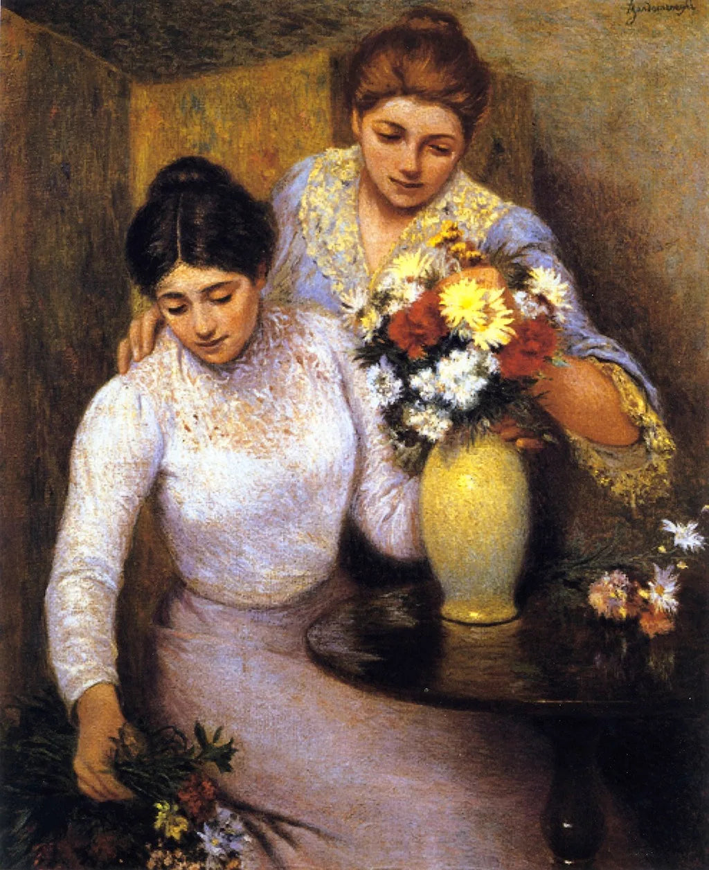 Deux filles arrangeant des fleurs - Federico Zandomeneghi image 1 reproduction de peinture à l’huile