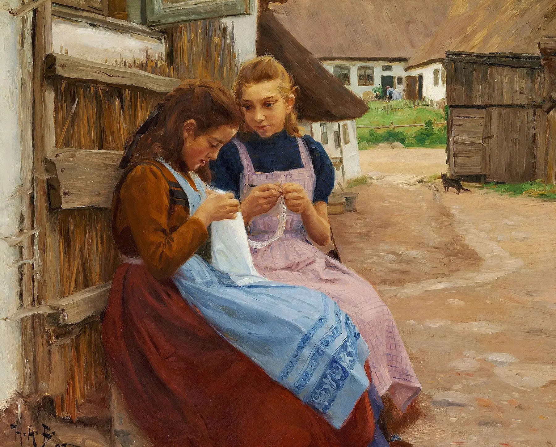 Deux filles avec des travaux d'aiguille assises dans la cour d'une ferme. - H. A. Brendekilde image 1 reproduction de peinture à l’huile