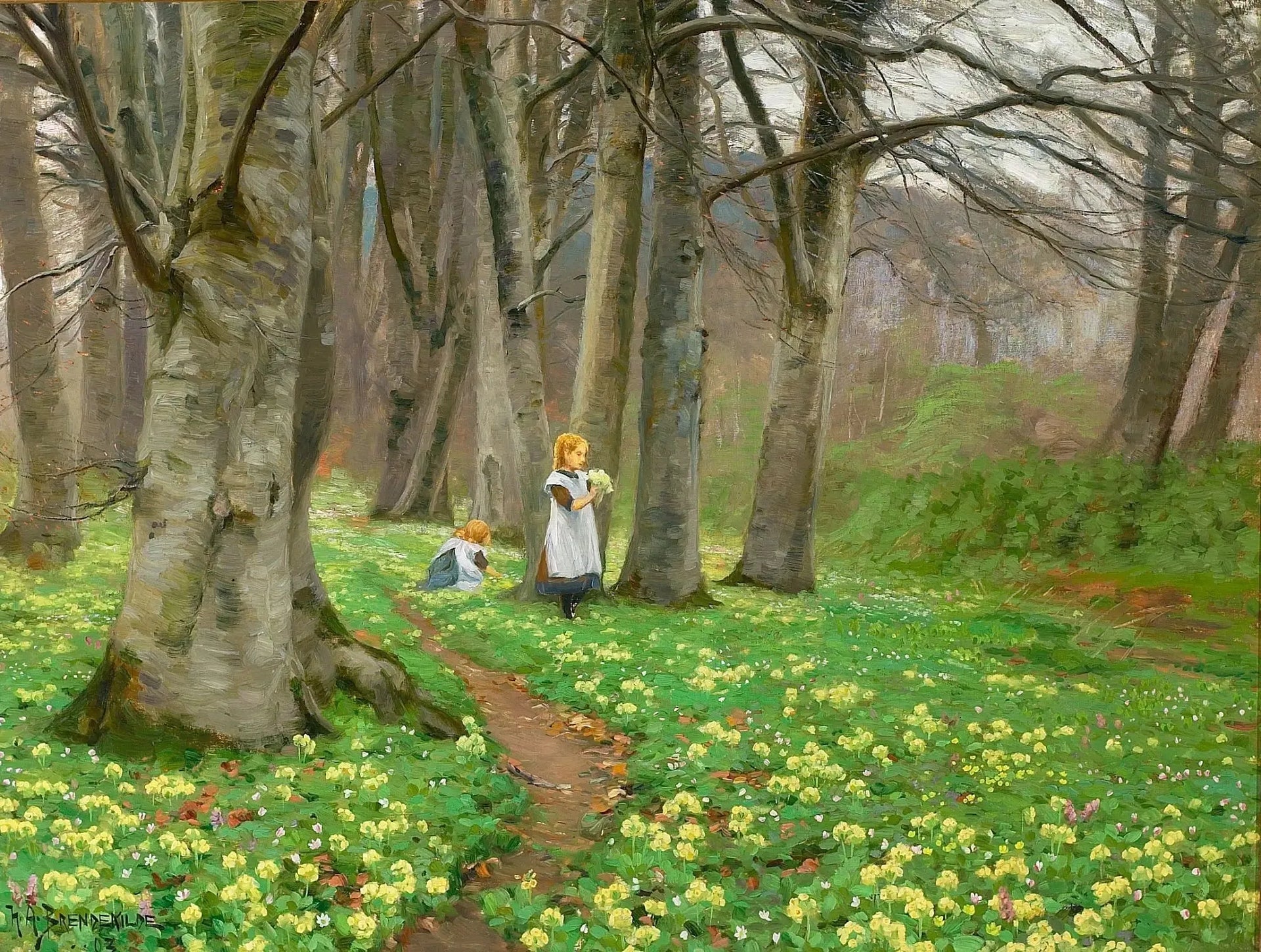 Deux filles cueillent des fleurs dans une forêt au printemps. - H. A. Brendekilde image 1 tableau peint à l’huile sur toile