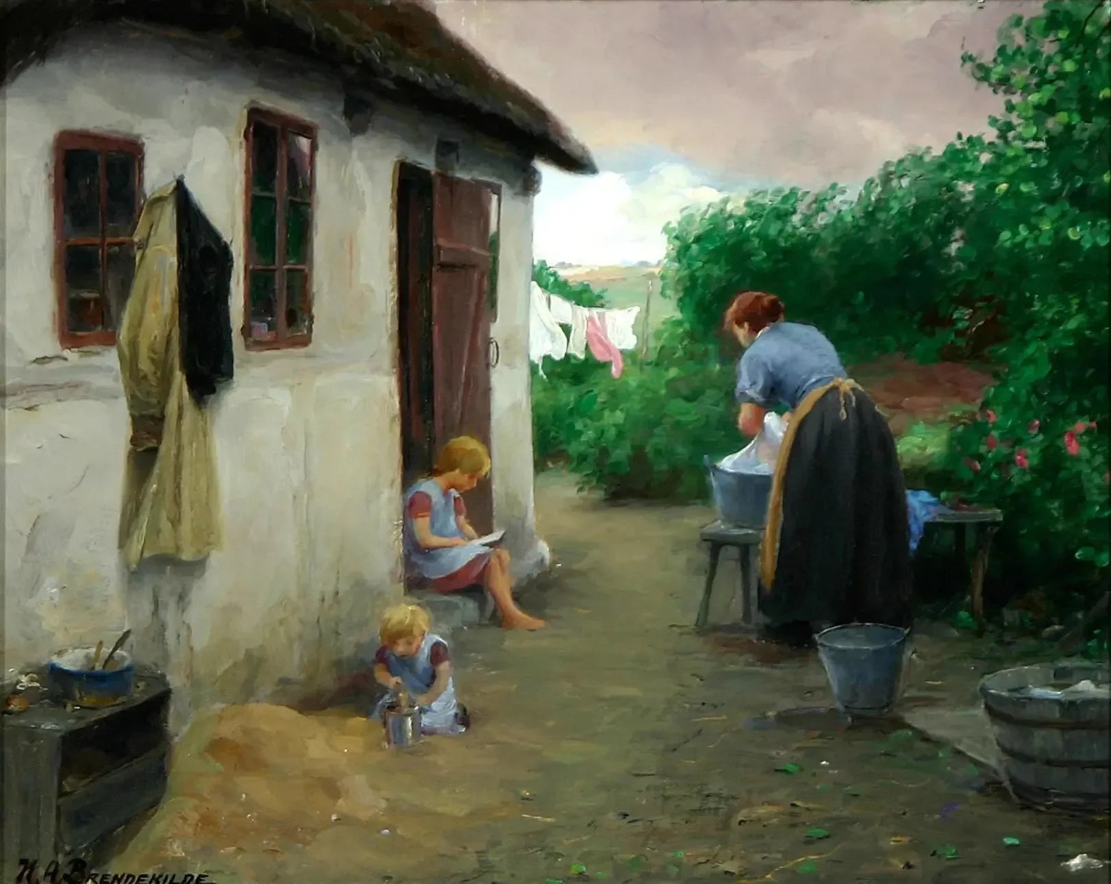 Deux filles et leur mère près d'une ferme. - H. A. Brendekilde image 1 tableau peint à l’huile sur toile