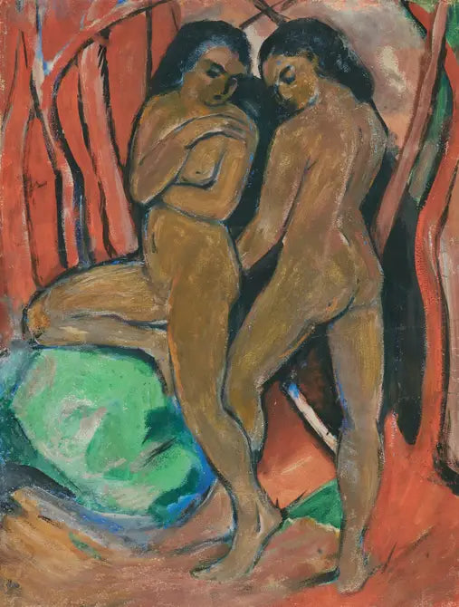 Deux filles nues debout avec une pierre verte - Franz Marc