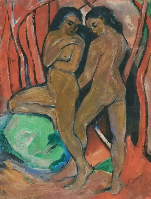 Deux filles nues debout avec une pierre verte - Franz Marc image 1 tableau peint à l’huile sur toile