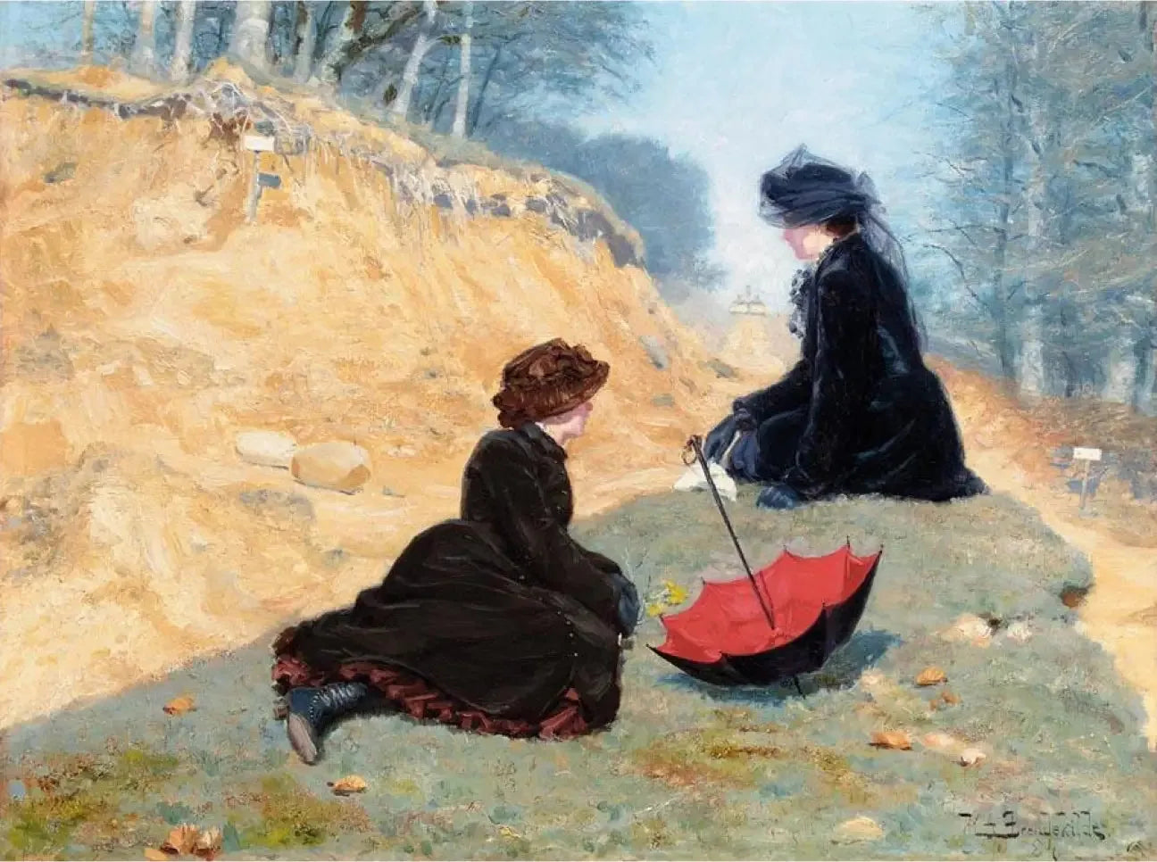 Deux filles se reposent sur un chemin. - H. A. Brendekilde image 1 reproduction de peinture à l’huile