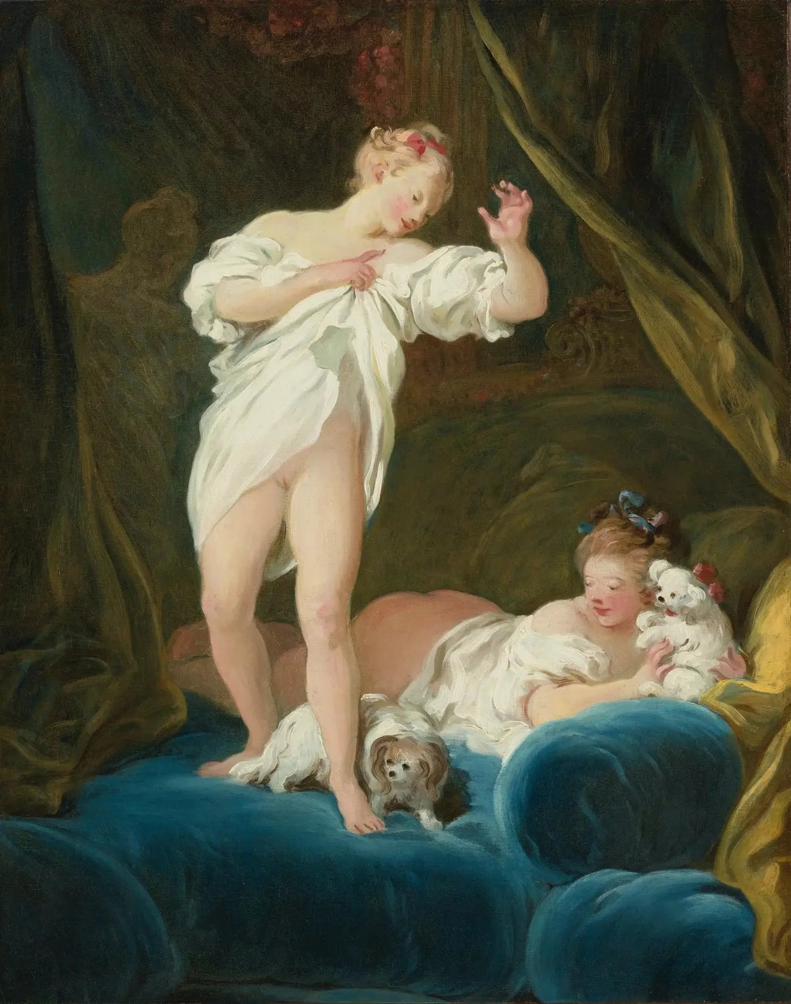 Deux filles sur un lit jouant avec leurs chiens - Jean-Honoré Fragonard image 1 copie peinte à la main à l’huile
