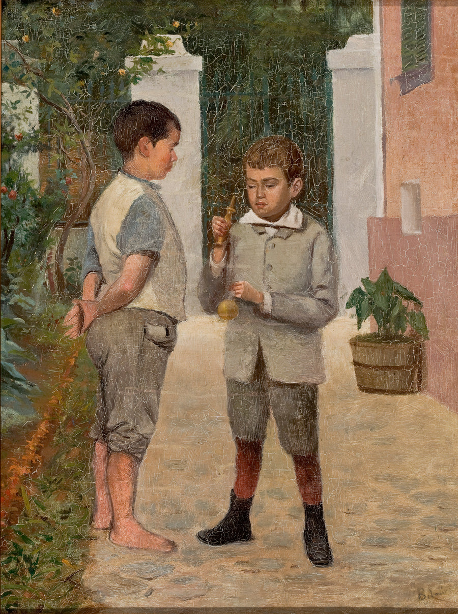 Deux garçons jouant au bilboquet image 1 reproduction peinte à la main