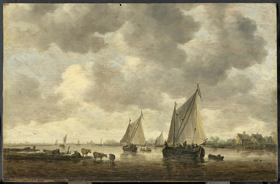 Deux grandes barques à voile sur un fleuve et bestiaux près de la rive - Jan van Goyen