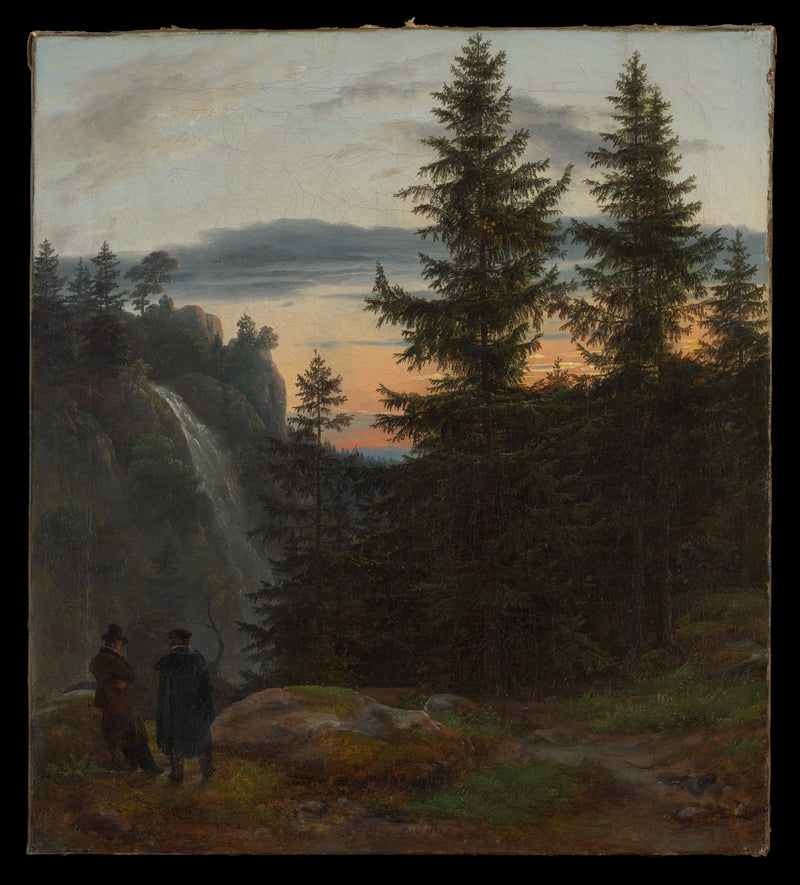 Deux hommes devant une cascade au coucher du soleil - Johan Christian Dahl