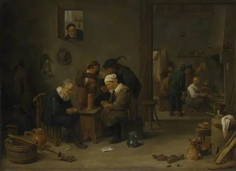 Deux hommes jouant aux cartes dans la cuisine d'une auberge - David Teniers le Jeune image 1 copie de tableau peinte à la main