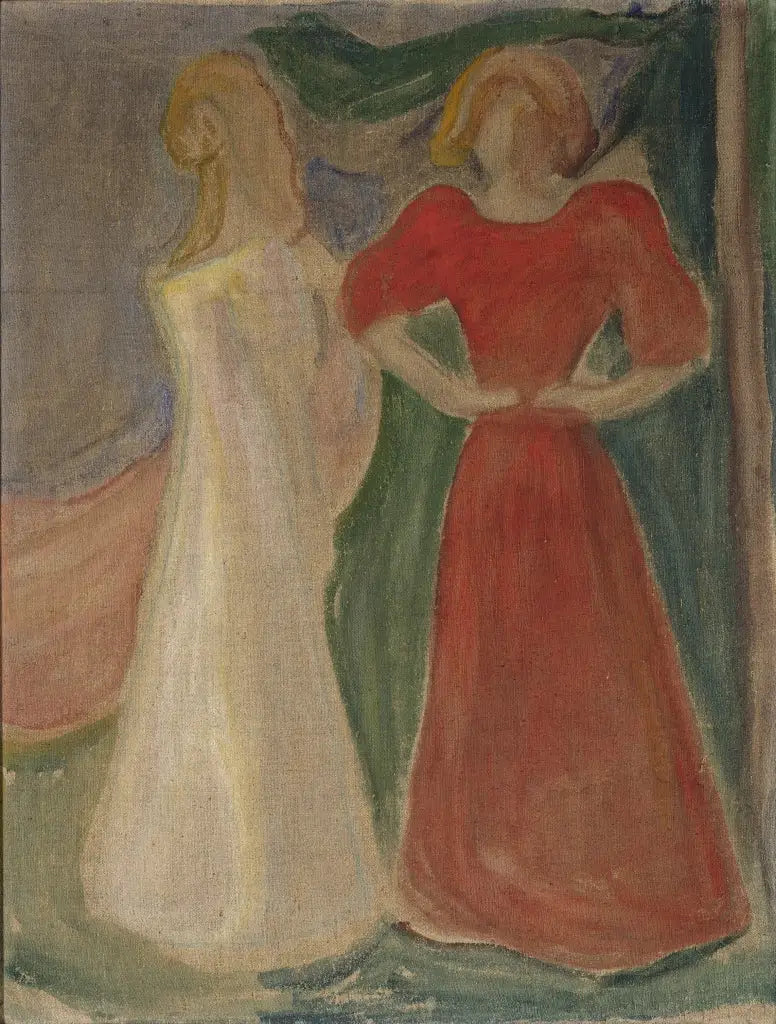 Deux Jeunes Femmes en rouge et blanc (Frise Reinhardt) - Edvard Munch image 1 copie de tableau peinte à la main