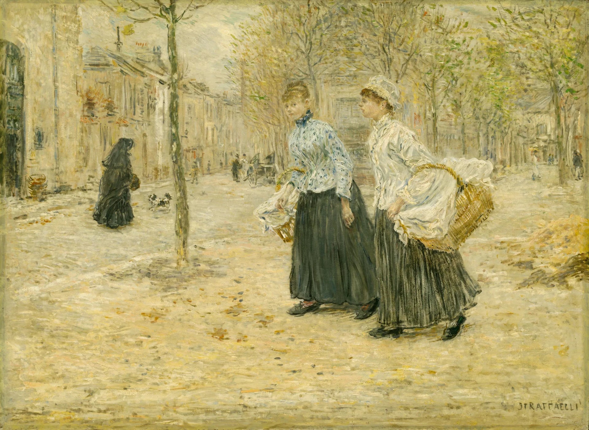 Deux lavandières traversent un petit parc à Paris - Jean-François Raffaëlli image 1 reproduction d’œuvre d’art à l’huile