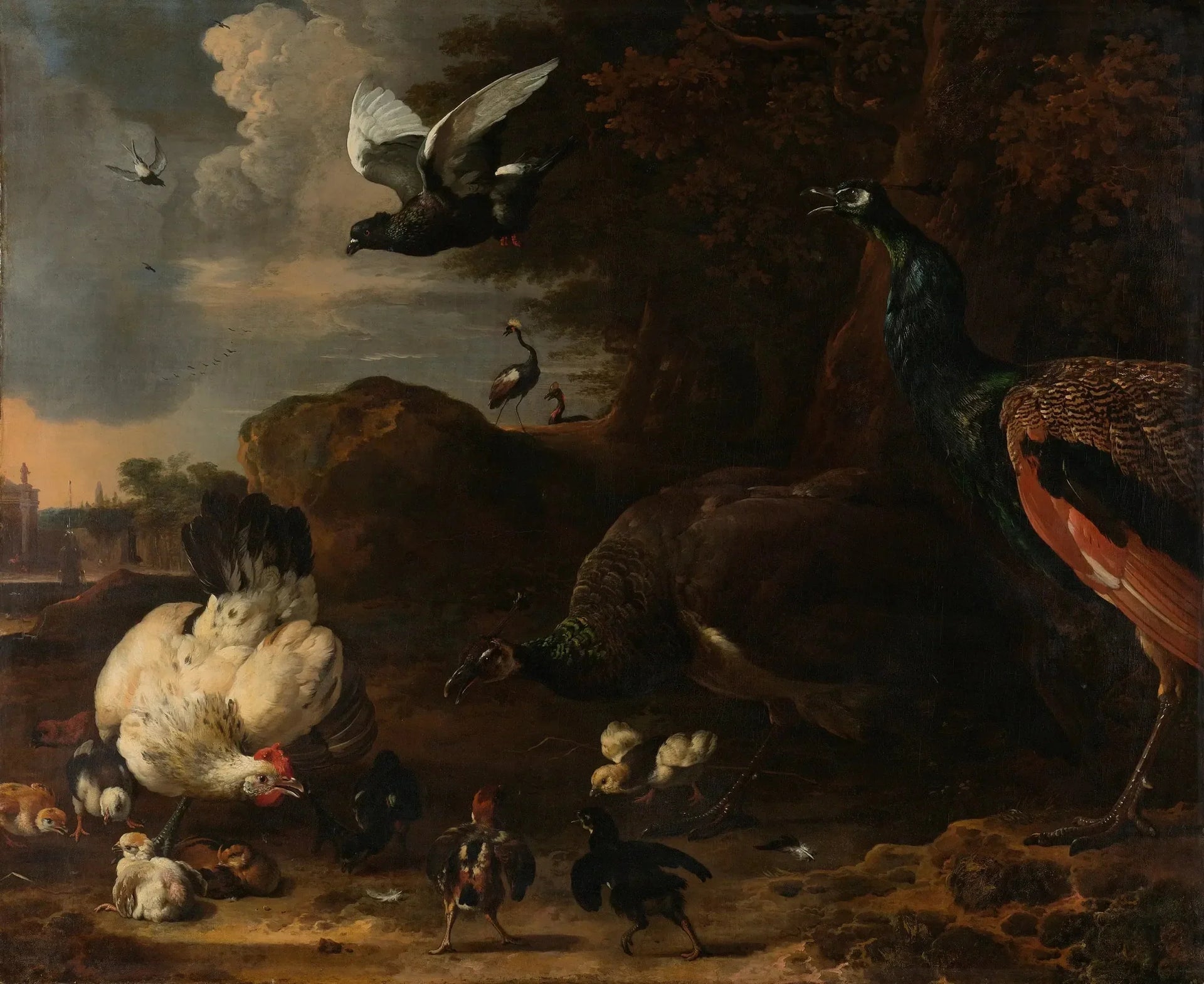 Deux paons menaçant une poule avec des poussins, connue sous le nom de « la poule menacée » - Melchior de Hondecoeter image 1 copie peinte à la main à l’huile