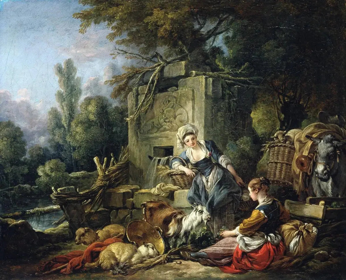 Deux paysannes près d'une fontaine rustique - François Boucher image 1 tableau peint à l’huile sur toile