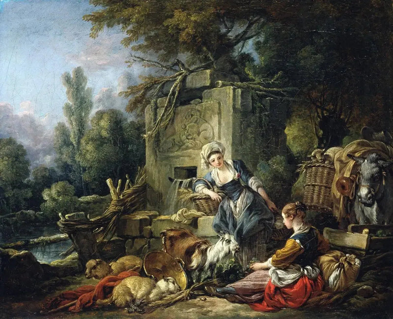 Deux paysannes près d'une fontaine rustique - François Boucher