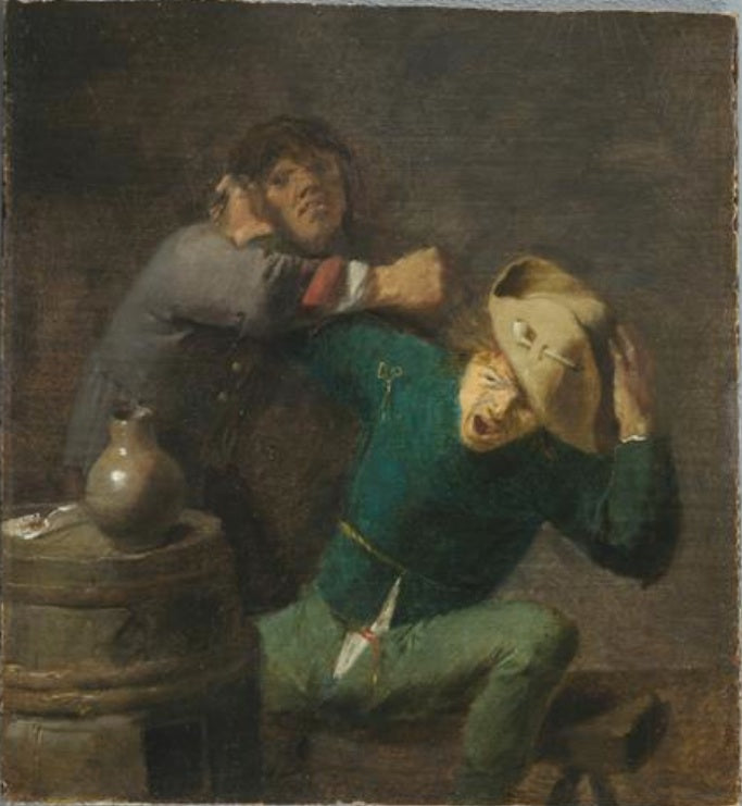 Deux paysans se bagarrant au tonneau - Adriaen Brouwer image 1 copie de tableau peinte à la main