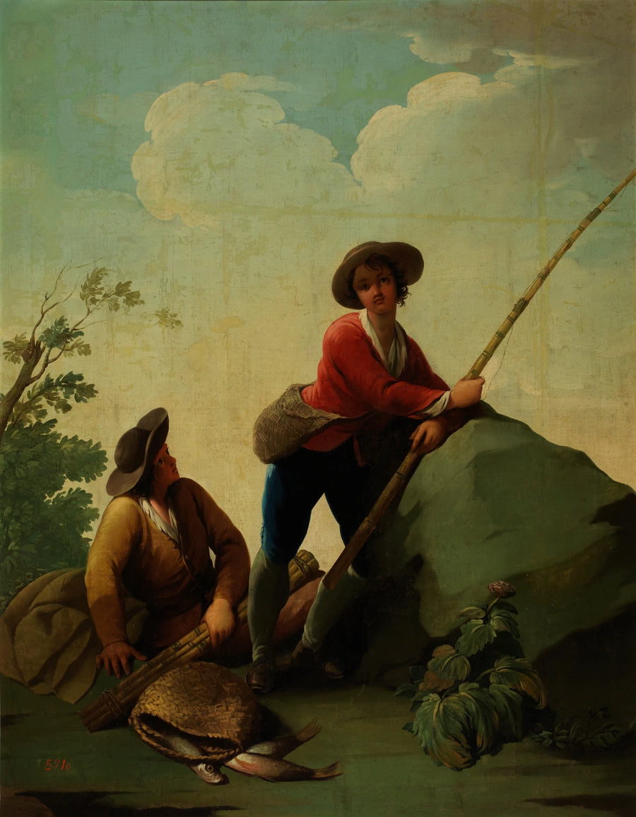 Deux pêcheurs, l'un avec une canne et l'autre assis - Zacarías González Velázquez