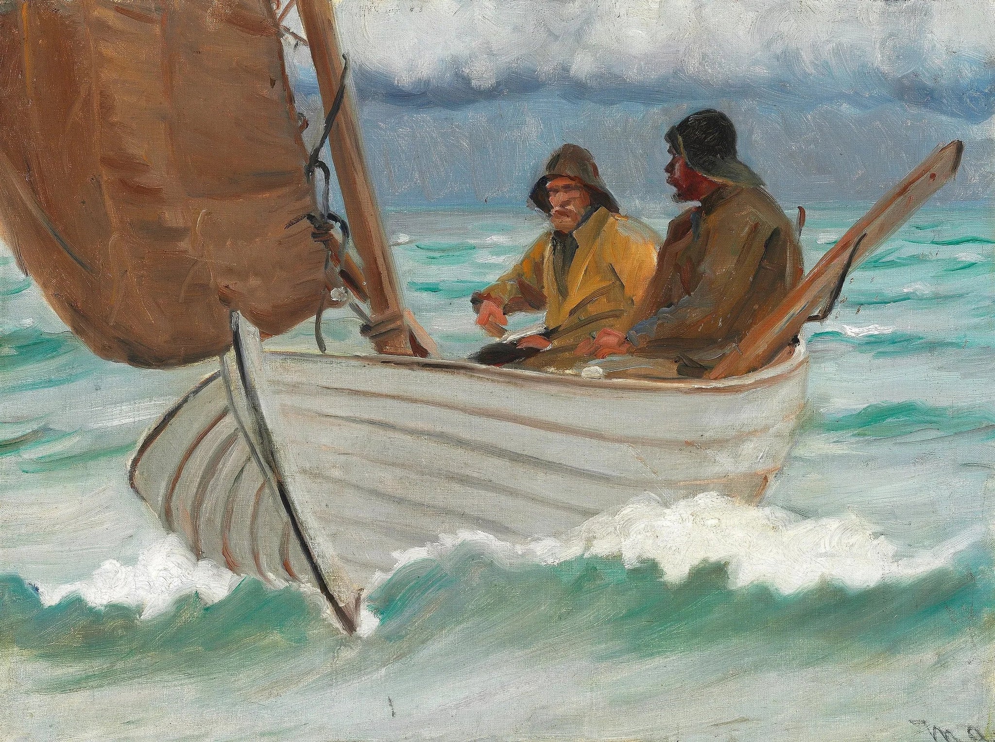 Deux pêcheurs de Skagen à bord d'un voilier au large des côtes. - Michael Peter Ancher image 1 reproduction de peinture à l’huile