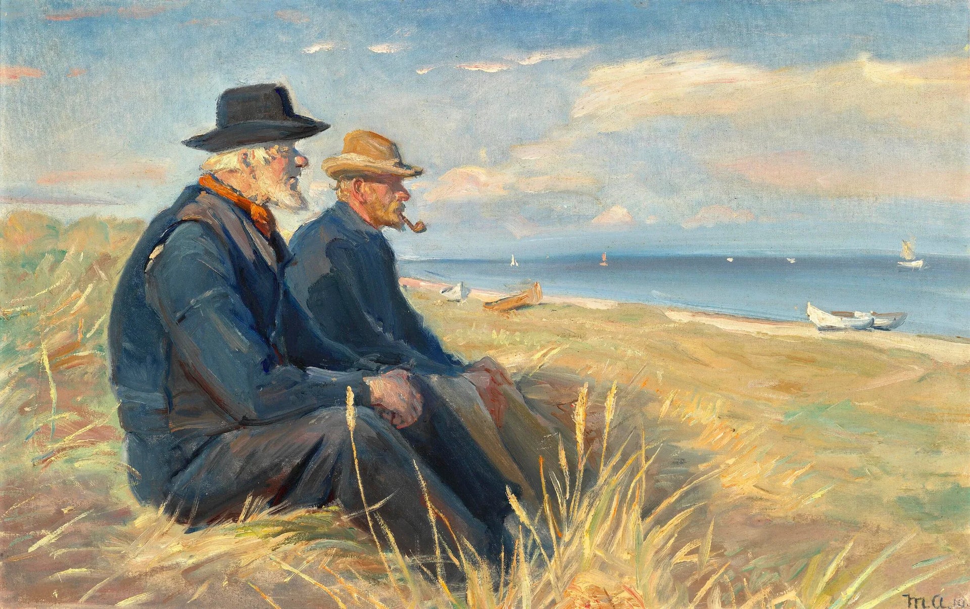 Deux pêcheurs de Skagen, assis au soleil de l'après-midi sur les dunes de la plage de Skagen, contemplent la mer. - Michael Peter Ancher image 1 reproduction artisanale de tableau