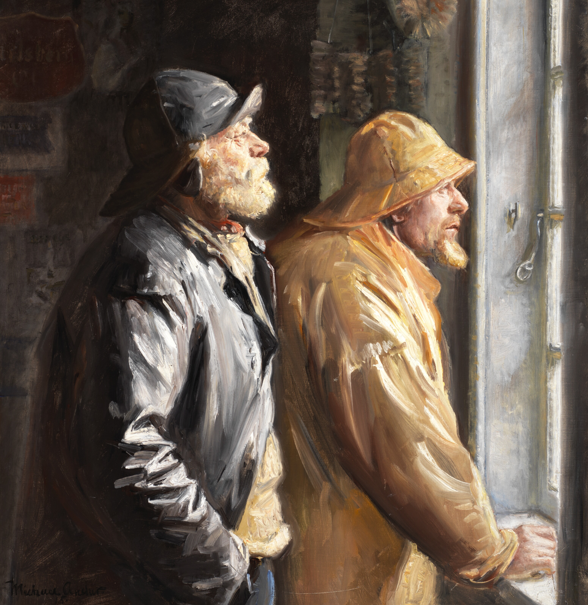Deux pêcheurs de Skagen au guichet de l'épicerie - Michael Peter Ancher image 1 reproduction de peinture à l’huile