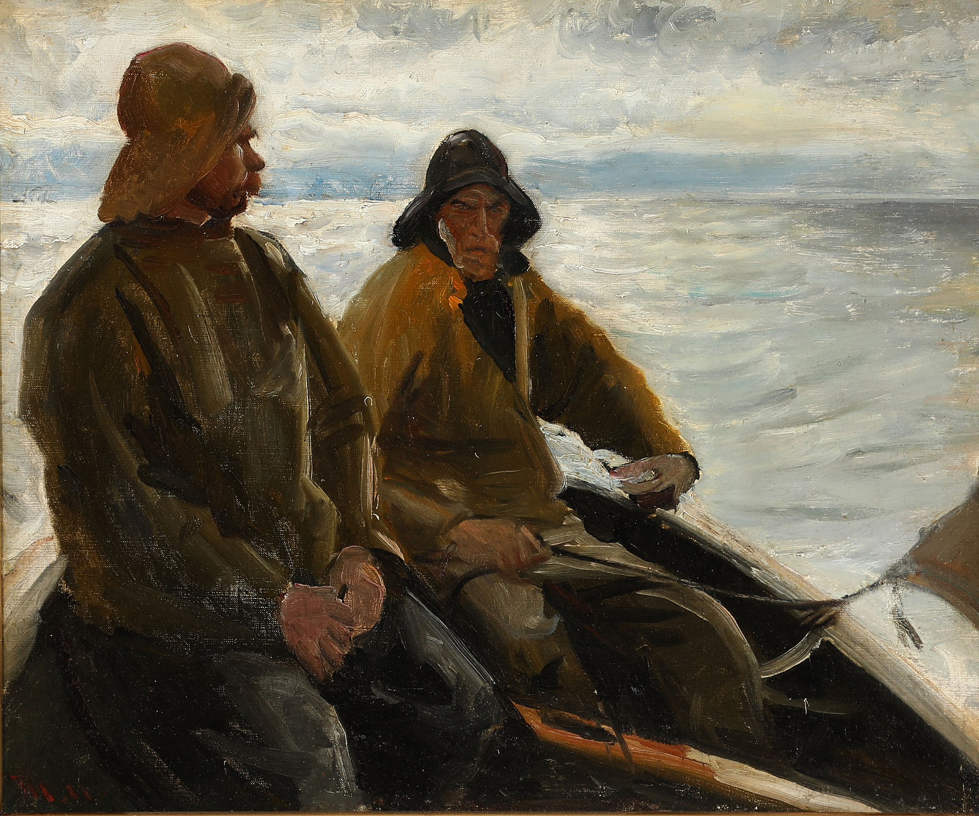 Deux pêcheurs de Skagen dans une barque à rames au crépuscule. - Michael Peter Ancher image 1 reproduction d’œuvre d’art à l’huile